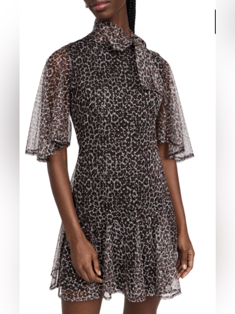 Black Halo Black and White Leopard-Print Tie-Neck Mini Dress